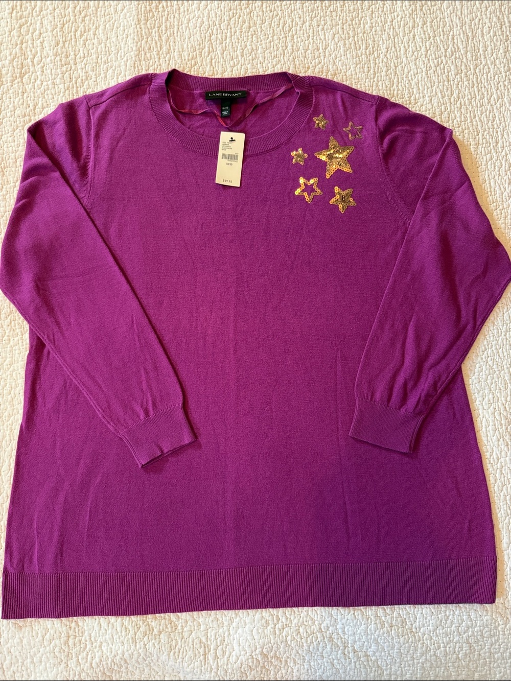 Lane Bryant Purple Crewneck Sweater with Gold Sequin Stars